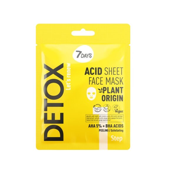 Тканевая пилинг-маска 7Days DETOX с 5% AHA и BHA кислотами, 25 г
